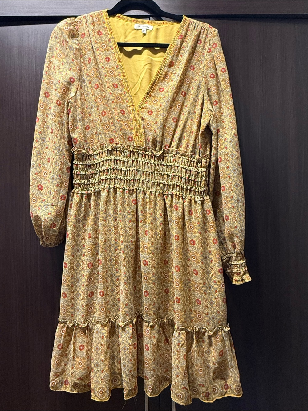 Max Studio Mustard Floral Long Sleeve Smocked Waist Dress